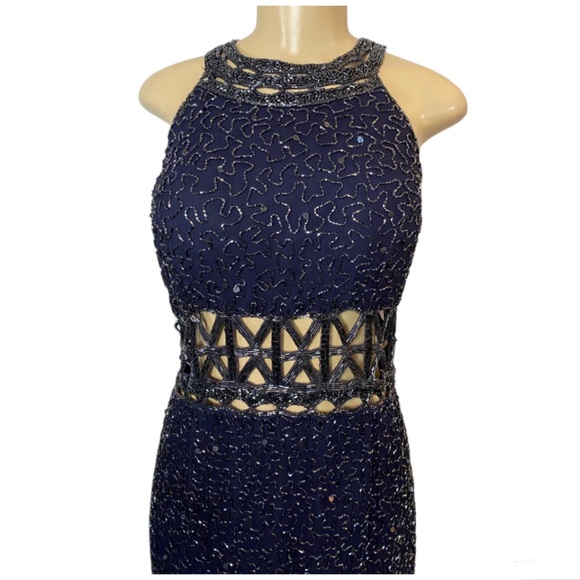 Scala Womens Beaded Sequin Maxi Dress Vintage Blue Silk Formal Evening Gown XXL - Picture 4 of 16